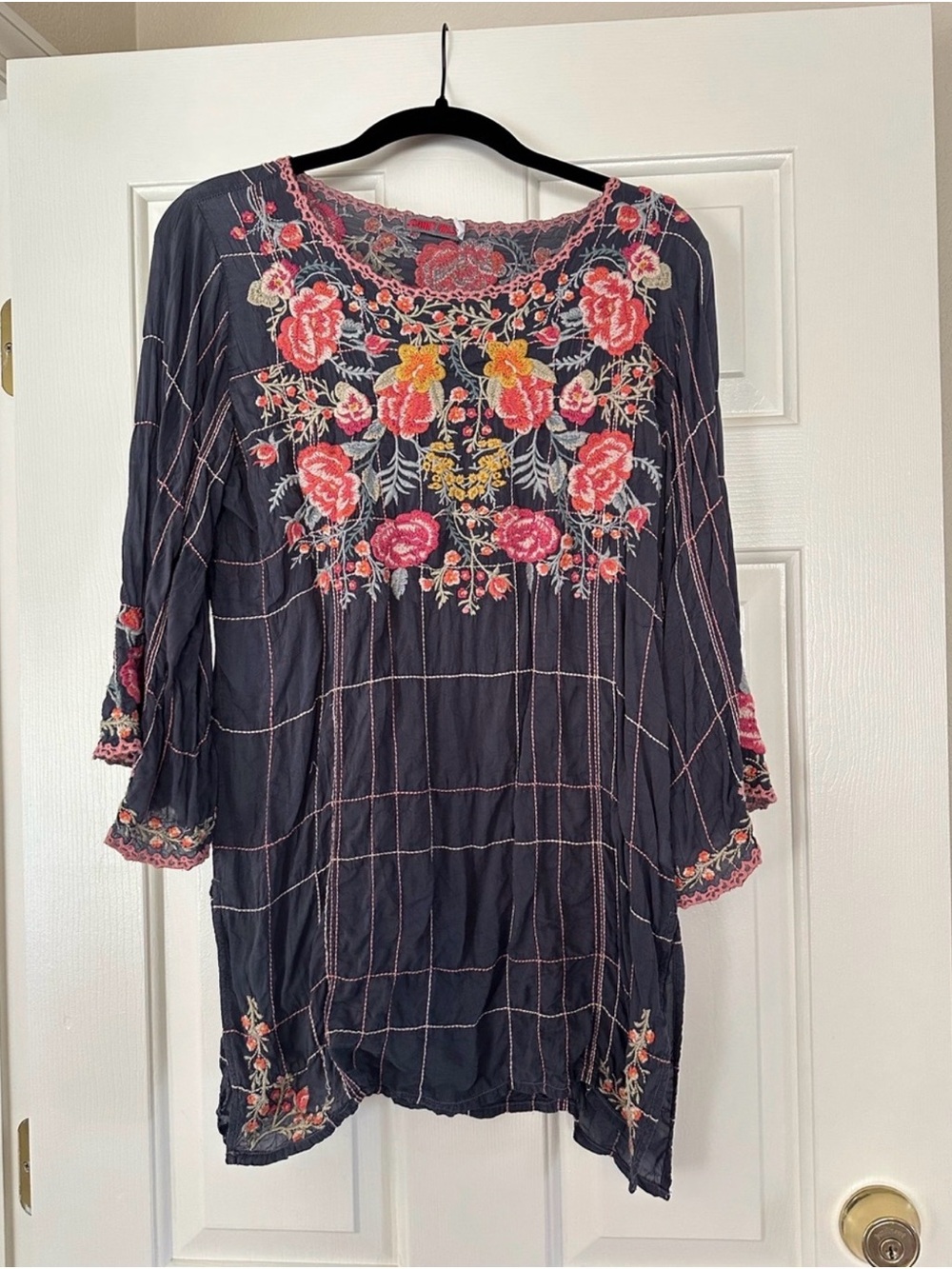 Johnny Was Size Small Navy Embroidered Floral Tunic with Pink & Yellow Accents